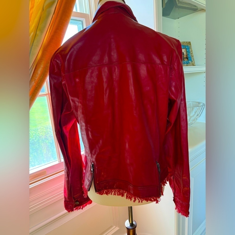 JKT NYC Alexa Patina Leather Jacket Frayed Hem Deep Red size large - Picture 4 of 8
